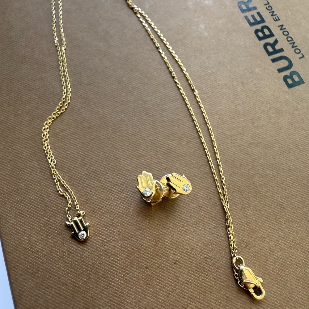 14K Solid Gold Hamsa Necklace + Earrings with natural diamonds - Picture 4 of 7